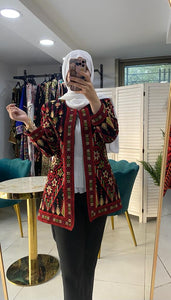 Elegant Palestinian Black And Red Floral Embroidered Jacket