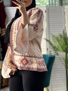 Elegant Palestinian Beige Diamond Embroidered Short Jacket