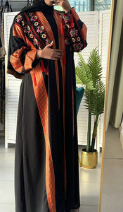 Stylish Black & Red Embroidered Open Abaya/Bisht With Kashmir Details