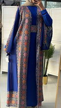 Royal Blue and Beige Chiffon Floral Embroidered Open Abaya Kaftan  Long Split Sleeve