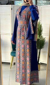 Royal Blue and Beige Chiffon Floral Embroidered Open Abaya Kaftan  Long Split Sleeve