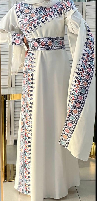 Elegant White Shoulder Details Embroidered Dress with Blue Embroidery
