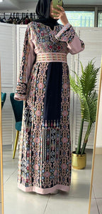 Full of Details Palestinian Embroidered Navy And Pink Thobe Dress Palestinian Embroidery