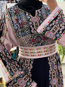 Full of Details Palestinian Embroidered Navy And Pink Thobe Dress Palestinian Embroidery