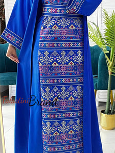 Royal Blue Satin Embroidered Dress and Abaya Set