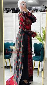 Amazing Black and Red Satin Thob with Unique Floral Embroidery Back Skirt