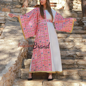 Very Stylish Beige Half Embroidered Dress with Wide Sleeve and Golden Details