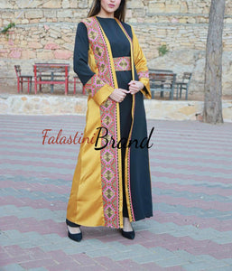 Elegant Yellow and Black Dress and Abaya Set with Palestinian Embroidery and Satin Details