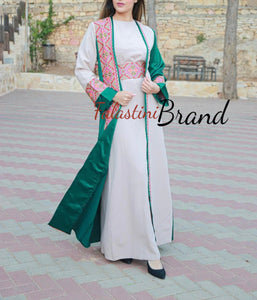 Elegant Green and Off White Dress and Abaya Set with Palestinian Embroidery and Satin Details