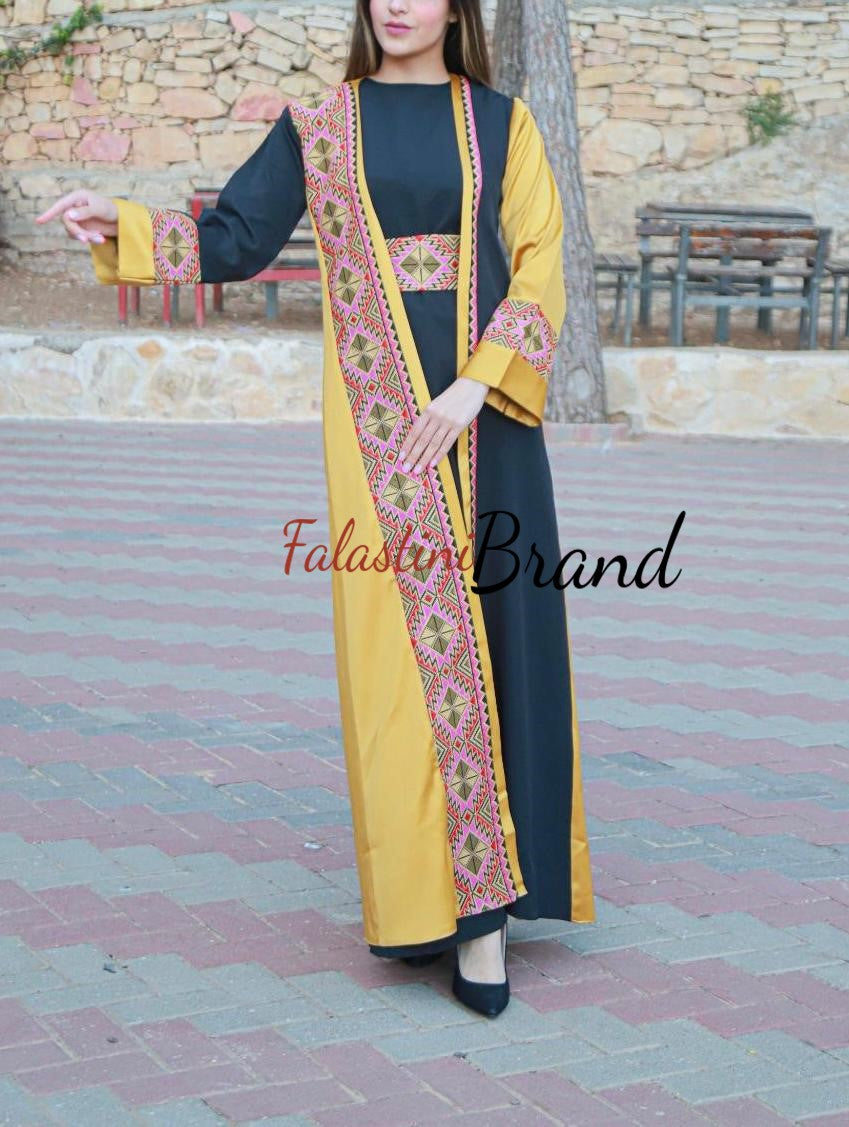 Elegant Yellow and Black Dress and Abaya Set with Palestinian Embroidery and Satin Details