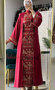 Burgundy Embroidered Satin Dress and Abaya Set with Unique Embroidery