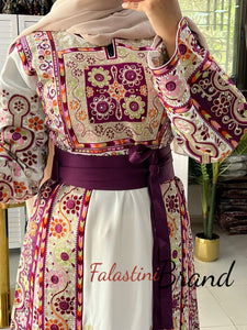 Very Luxurious White and Purple Malak Like Thob with Qasab Thread and Satin Details