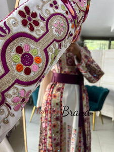 Very Luxurious White and Purple Malak Like Thob with Qasab Thread and Satin Details