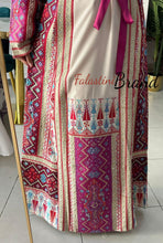 Very Luxurious Off White and Pink and Purple Thobe with Qasab and Satin Details