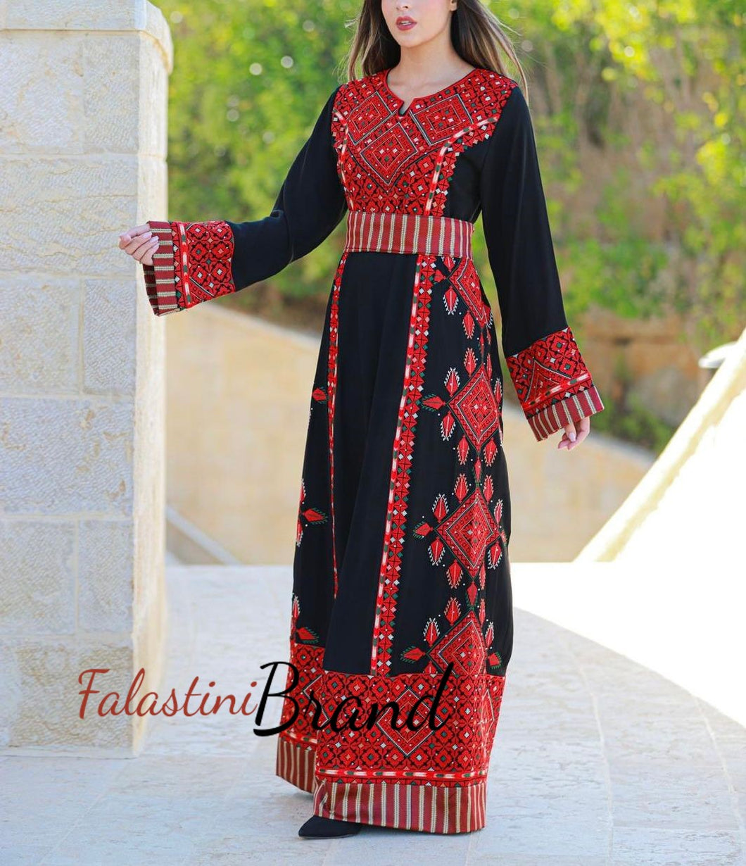 Black and Red Diamond Embroidered Thobe with Kashmir Details