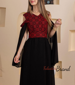 Cute Open Shoulders Black and Red Embroidered Dress