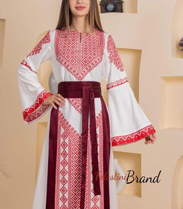 White and Red Thob Dress with Satin Details