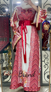 Very Elegant Wide Sleeves White and Red Embroidered Thob with Golden and Malak Details and Head Scarf