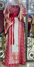 Very Elegant Wide Sleeves White and Red Embroidered Thob with Golden and Malak Details and Head Scarf