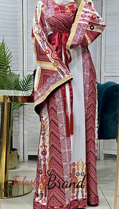 Very Elegant Wide Sleeves White and Red Embroidered Thob with Golden and Malak Details and Head Scarf