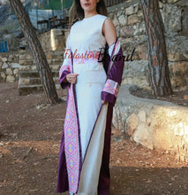 Elegant Purple and White Dress and Abaya Set with Palestinian Embroidery and Satin Details