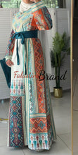 Very Luxurious White and Orange and Turquoise Thobe with Qasab and Satin Details