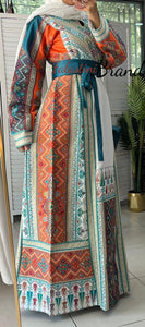 Very Luxurious White and Orange and Turquoise Thobe with Qasab and Satin Details