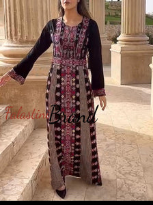 Modern Style Black and Pink Palestinian Thobe with Unique Embroidery and Kashmir Details