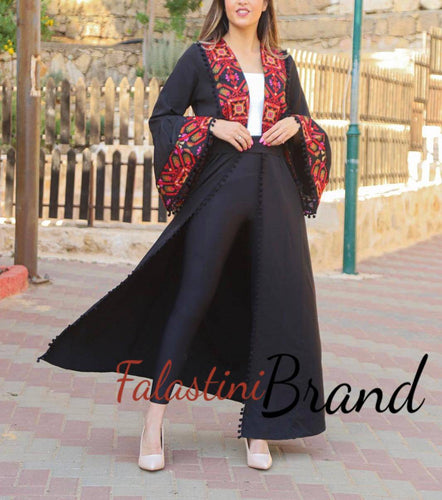 Unique Open Black Abaya with Colored Embroidery and Pom Poms