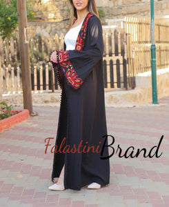 Unique Open Black Abaya with Colored Embroidery and Pom Poms