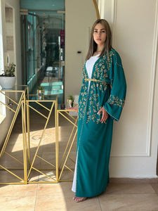 Elegant Green Handmade Moroccan Open-Front Djellaba with Belt