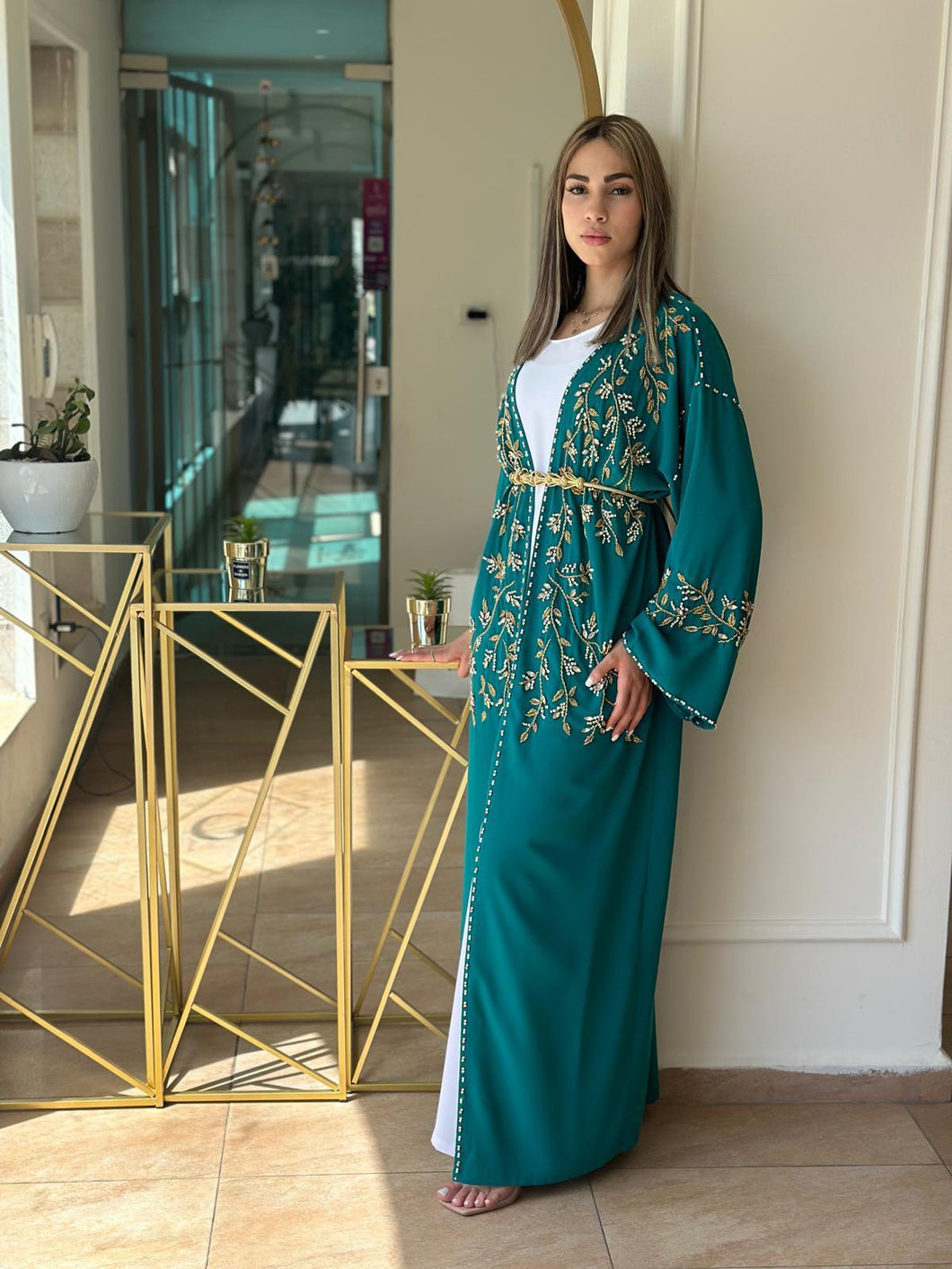 Elegant Green Handmade Moroccan Open-Front Djellaba with Belt