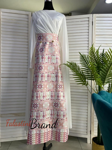 Classy White Embroidered Dress with Shoulder Drapes