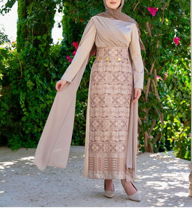 Classy Golden Embroidered Dress with Shoulder Drapes