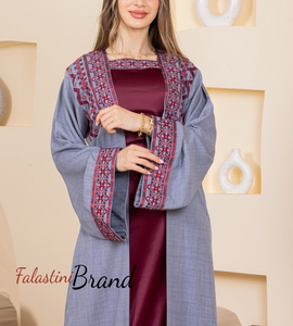 Gray and Burgundy 2 Pieces Abaya Set with Satin Inner Dress