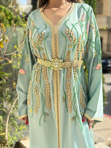 Elegant Handmade Belted Light Green Satin Caftan