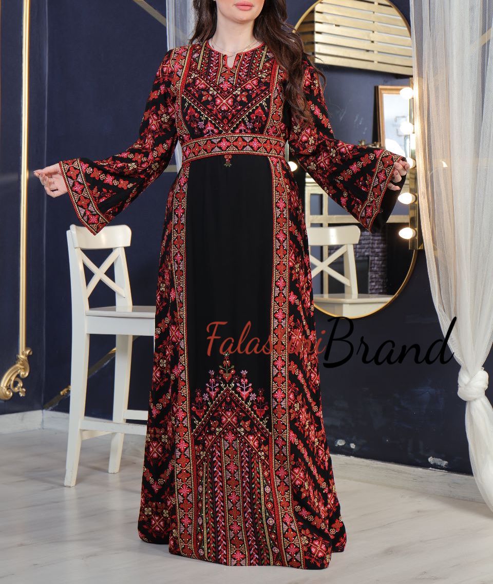 Amazing Black & Red Palestinian Embroidered Thobe Dress With Astonishing Embroidery