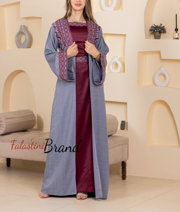 Gray and Burgundy 2 Pieces Abaya Set with Satin Inner Dress