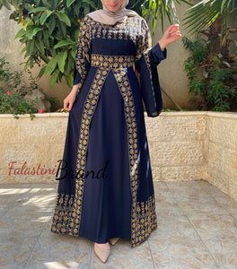 Navy Elegant Split Skirt Two Pieces Thob Dress with Golden Embroidery