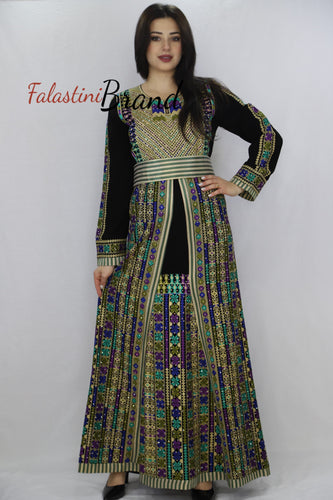 Charming Palestinian Embroidered Golden Green Thobe Dress Palestinian Embroidery