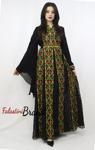 Stylish Layered Dark Green and Red Embroidered Tobe Dress With Lace Details