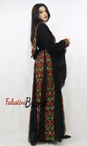 Stylish Layered Red And Green Embroidered Tobe Dress With Lace Details