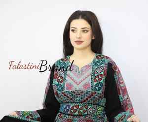 Gorgeous Black and Green Full Details Palestinian Embroidered Dress With Satin