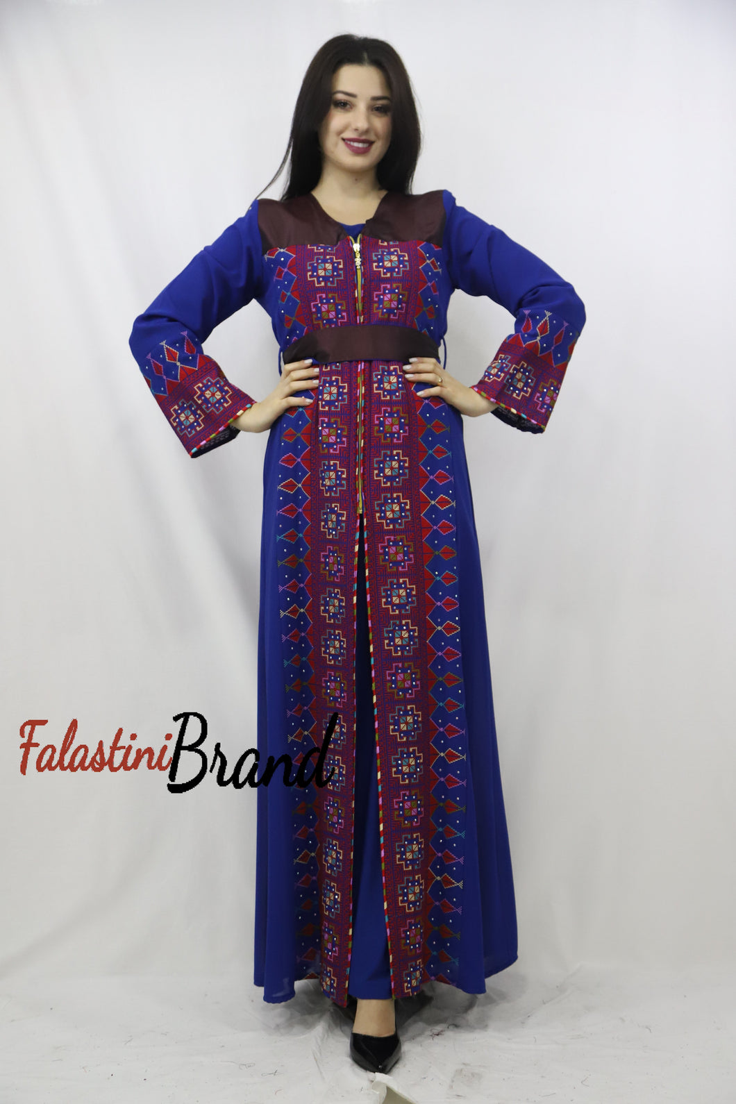 Amazing 2 Pieces Blue and Red Palestinian Embroidered Open Abaya