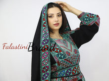 Gorgeous Black and Green Full Details Palestinian Embroidered Dress With Satin