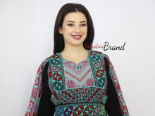 Gorgeous Black and Green Full Details Palestinian Embroidered Dress With Satin