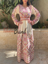 Manajil Off-White Palestinian Embroidered Floral Thobe Dress Palestinian Embroidery