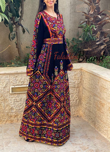 Manajil Palestinian Red Embroidered Floral Thobe Dress Palestinian Embroidery