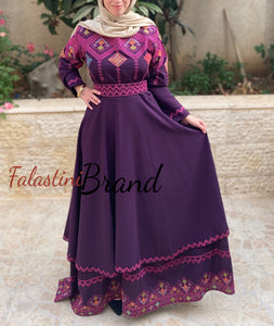 Elegant Purple Palestinian Embroidered Cloche Layered Dress