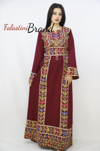 Classy Burgundy Palestinian Embroidered Thobe Dress With Multicolored Embroidery